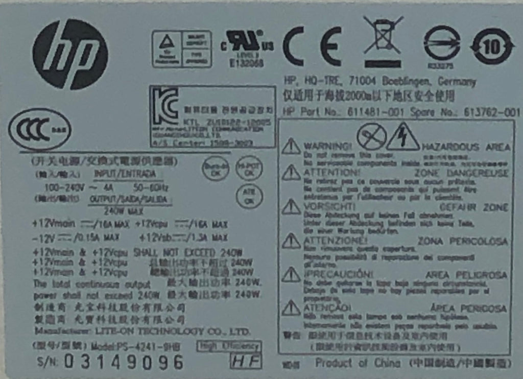 HP Compaq Pro 6305 SFF PC PS-4241-9HB 240W Power Supply- 613762